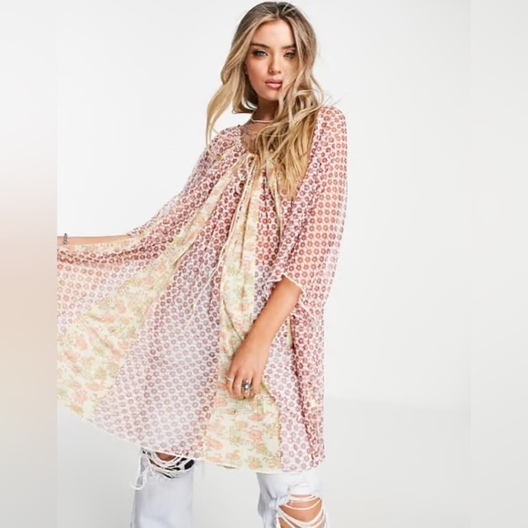 FREE PEOPLE Because I Love You Tunic Mini Dress Sunshine Combo Boho Size XS - Picture 1 of 13